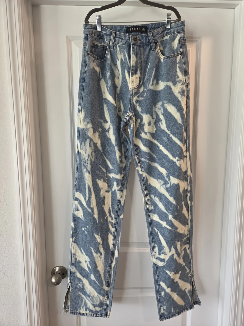 Lioness Bleach Tie Dye Straight Leg Jeans Side Slit Hem Size Small
